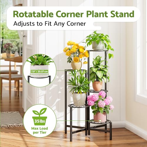 Plant Stand Indoor Outdoor, 5 Tier Corner Metal Flower Display Holder Stand, Folding Tall Plant Rack for Patio Balcony Porch Garden Living Room House, Heavy Duty Wrought Iron Plant Shelf - BlackS - color: BlackS, size: 5-Tiers
