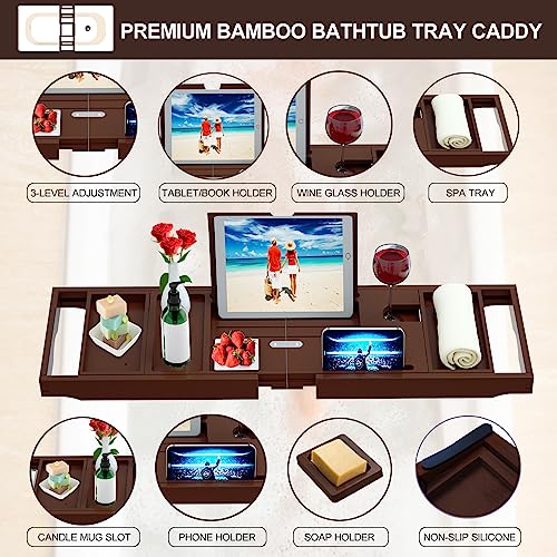 Premium Bamboo Bathtub Caddy Tray - Bath Tray - Bath Tub Tray Table for Bathtub - Expandable Size, Fits Most Bath Tubs - Brown - color: Brown