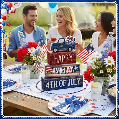 CroBlissful 4 Pcs 4th of July Decorations Patriotic Memorial Day Tabletop Decorations Red White Blue Table Centerpieces Sign for Office Tiered Tray Home Shelf 250th Anniversary(Happy Usa) - style: Happy Usa