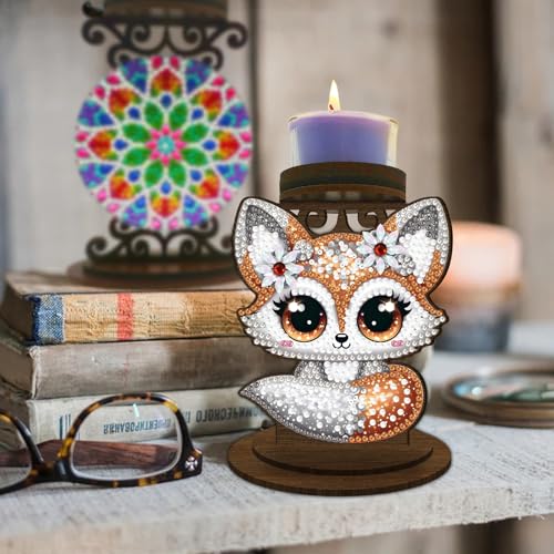 BAYUNOE DIY Candlestick Holders Wooden Desktop Diamond Art Painting Candle Holder Double-Sided Diamond Vintage Modern Decorative for Table Mantel Wedding Dinning Party-Brown Fox - color: Brown Fox
