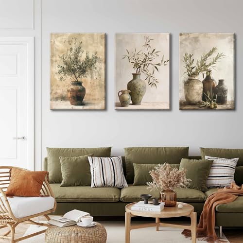 Vintage Vase Canvas Wall Art Prints Green Rustic Olive Branch Wall Decor Pictures Antique Still Life Plant Posters Paintings Artwork for Living Room Bedroom Kitchen Home Decoration 16x24in framed - color: canvas, size: 24L" x 16W"