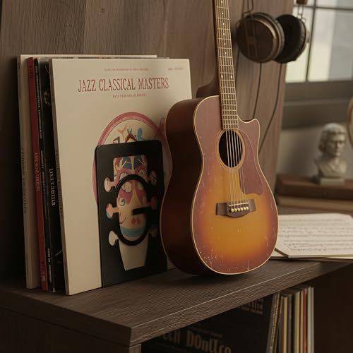 Musiin Guitar Shape Metal Bookends, Black Heavy-Duty Decorative, Music Books, CDs & Magazines Holders for Home Office Studio Library, Modern Design Book Organizer Pair