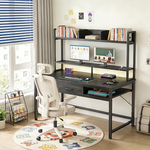 DurayLoly 39.4" Gaming Desk with Hutch & Monitor Stand, Computer Desk with 2Drawers &1Open Storage,Writing Desk with LED &Power Outlet,Office Desk,Study Desk for Bedroom Home Office,Small Space,Black - color: Black, size: 18.9"D x 39.4"W x 61.1"H
