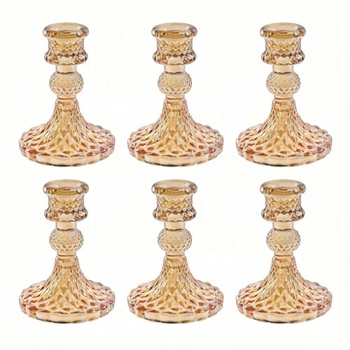 Glass Candlestick Holder,Striped Taper Candle Holders,Set of 6 Candle Stand for Table Centerpieces, Home Decor,Weddings,Festival and Parties (Amber Dimond Pattern) - color: Amber Dimond Pattern