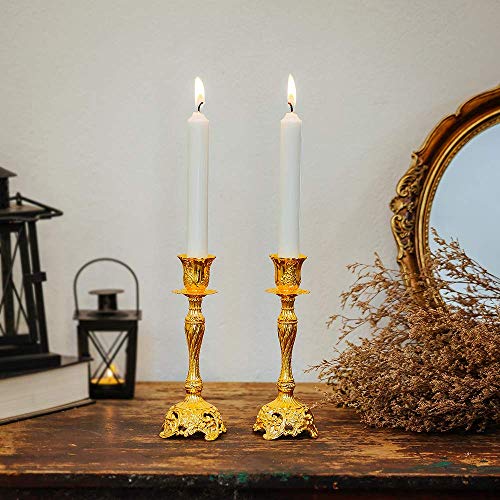 Sziqiqi Gold Candlestick Holders Set of 2 Taper Candle Holders Deluxe Ornate Candle Holders for Shabbat Taper Candles, Candle Centerpiece, Wedding Candles, Christmas Candle 7.4inch - color: Gold