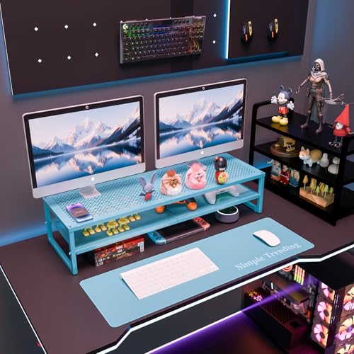 Simple Trending 2 Tier Metal Dual Monitor Stand Riser, Computer Office Desktop Organizer for 2 Monitors with 32"x10" Mouse Pad for Laptop, Printer, TV, Blue - color: Blue, size: 32"L x 10"W x 7"H