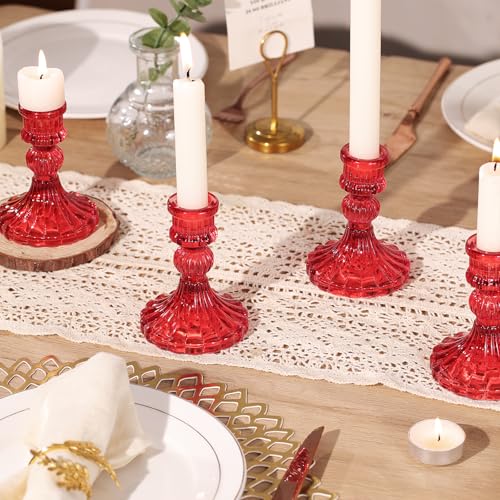 12PCS Red Candlestick Holders Set- 4" H Taper Candle Holders, Glass Candle Holders Bulk for Activities, Party, Home Table Centerpieces, Festival Gifts & Windowsill Decor - color: Red Striped Pattern