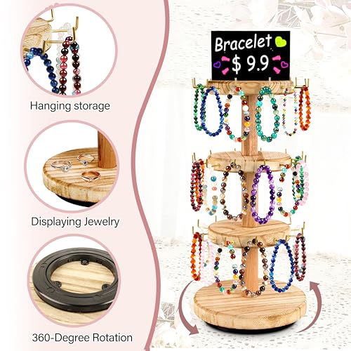 3 Tier Bracelet Holder,Wooden Rotating Bracelet Display Stand with 36 Hooks and Tray,360°Rotating Jewelry Holder Organzier for Bracelet, KeyChain, Necklace, Jewelr