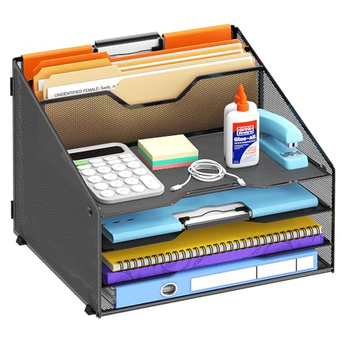 Desk File Organizer, Paper Organizer with 4 Letter Trays and 2 Vertical Upright Sections, Desk Organizers and Accessories for Office, School, Home, Black - color: Black