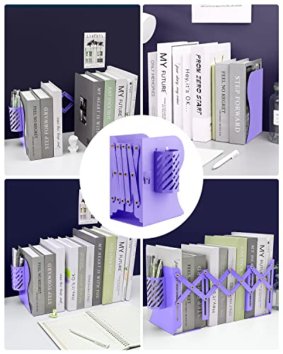 MSDADA Adjustable Bookends, Metal Book Ends for Heavy Books, Expandable Book Organizer with Pen Holder for Desk, Shelf, Office, The First Day of School Stationery Gift for Students,Teachers (Purple) - color: Purple