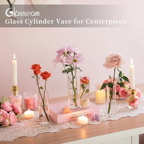 Cylinder Bud Vases in Bulk 24: Glasseam Small Clear Glass Vases for Centerpieces Wedding Table Decor Modern 5.9In Flower Vase Set for Single Stem Roses Tulips