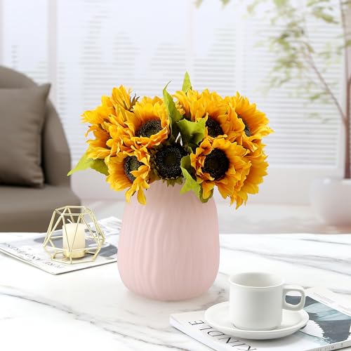 Large Ribbed Glass Vase 8in Frosted Pink Elegant Decorative Vases for Home Flowers Arrangements, Centerpieces, and Modern Décor - color: Frosted Pink, size: H-8.0IN