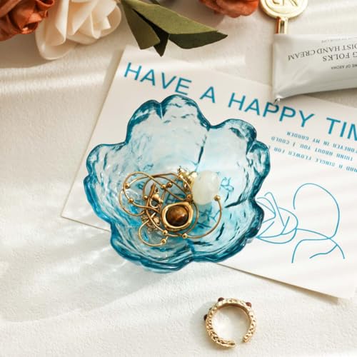 Friendship Gifts for Women Blue Flower Jewelry Ring Dish Tray,Decorative Glass Trinket Dish,Room Decor Aesthetic, Modern Accent Tray for Vanity (Blue) - color: Blue