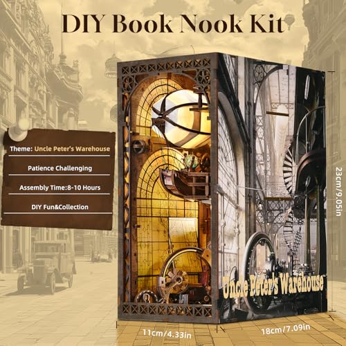 TOYQI Book Nook Kit, Book Nook Kits for Adults, DIY Miniature Dollhouse Kit 3D Wooden Puzzle Booknook Bookend with LED Light - style: UNCLE PETER'S WAREHOUSE