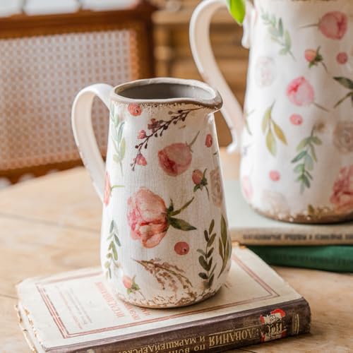 Vintage Fruit and Floral Ceramic Vase with Handle, Retro Ice Glazed Crack Farmhouse Pitcher Vase for Home Decor, Living Room, Shelf, Office, Rustic Table Centerpiece 7 Inch - color: Floral and Fruit, size: Small Pitcher