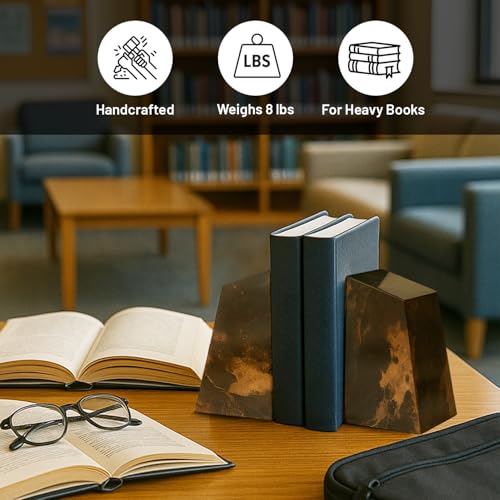Bey-Berk Tiger Eye Marble Stone Bookends, Brown – Heavy-Duty Desk and Bookshelf Organizer, Decorative Book Holder