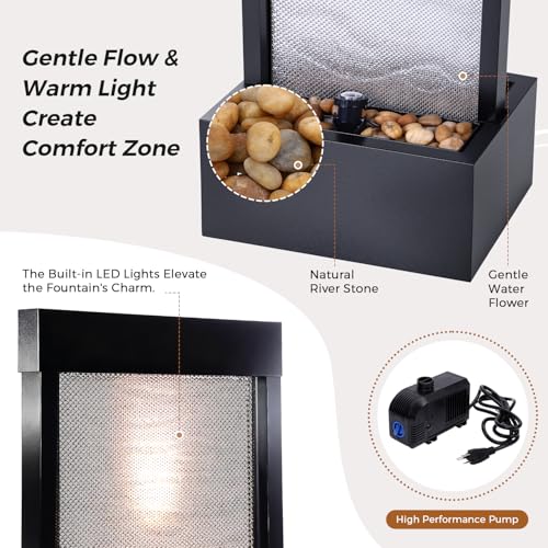 Jocoevol Mesh Panel Waterfall Fountain, Large Indoor Water Feature with Stones & Light, 64" Floor Standing Water Wall for Home Decor, Living Room, Patio, Outdoor Garden - style: Mesh Panel