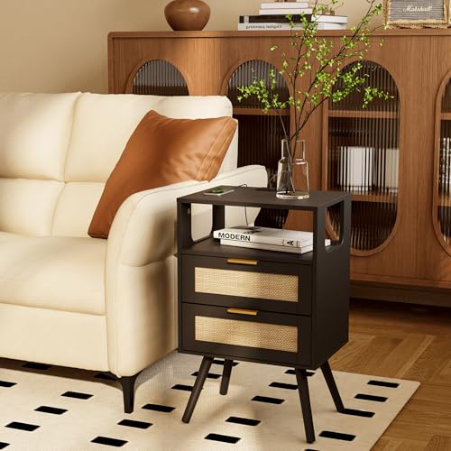 JOONEE Rattan Nightstand with Charging Station,Farmhouse Bedside Table with 2 Storage Drawer and Open Wood Shelf, for Bedroom and Small Spaces,Night Stand with Solid Wood Legs (Black-Outlet) - color: Black-outlet