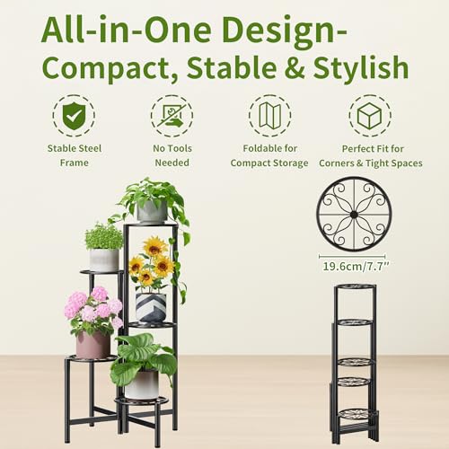 Plant Stand Indoor Outdoor, 5 Tier Corner Metal Flower Display Holder Stand, Folding Tall Plant Rack for Patio Balcony Porch Garden Living Room House, Heavy Duty Wrought Iron Plant Shelf - BlackS - color: BlackS, size: 5-Tiers