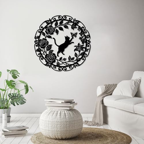 GlintHome Large Metal Cat Wall Art Decor Butterflies and Cats Black Wall Hanging Decor Silhouette for Home Bedroom Living Room Bathroom Kitchen Office Garden Wall Decoration - color: Black-2, size: Large