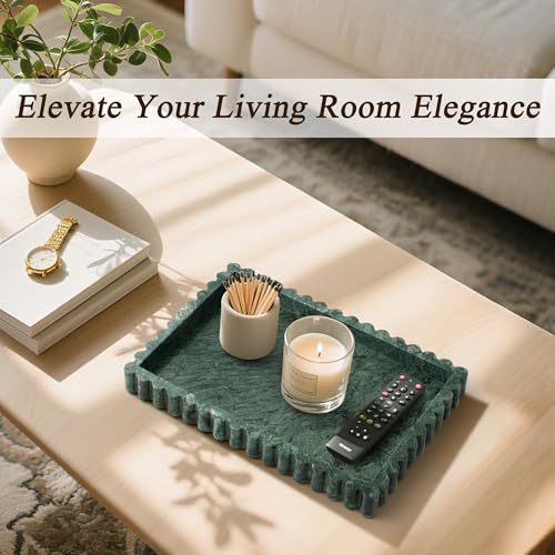 YMXYJM Natural Marble Tray for Bathroom, Real Stone Decorative Vanity Tray with Fluted Edge, Large Marble Serving Storage Tray for Kitchen Counter, Dresser, Home Decor, 11.8" x 8", Dark Indian Green - color: Dark Indian Green