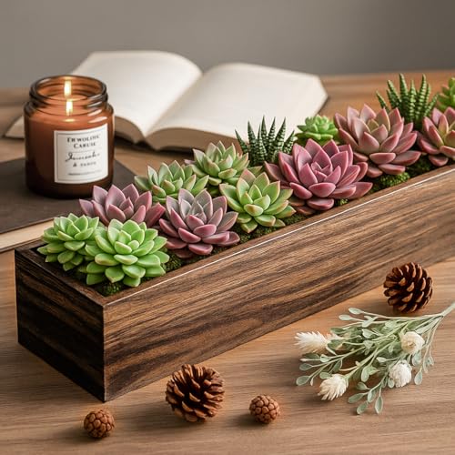 Dandat 6 Set Wood Boxes for Centerpieces 12x4 Inch Rectangle Wooden Planter Box Rustic Wood Planter with Removable Plastic Liner Floral Foam Blocks for Centerpieces Home Wedding Garden Decor - size: 12x4 Inch