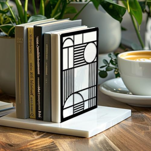 Peacoblue Metal Bookends for Shelves, Modern Decorative Heavy Duty Study Book Ends Stoppers for Office, Desk, Shelf, Room 5.3"x4.3"x7.9" Cast Iron Simple Tall Bookends 1 Pair (Geometry Lines) - style: Geometry Lines