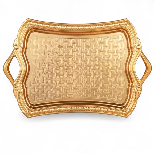 Alisveristime 2-Person Rectangular Metal Serving Tray – Ottoman Motif, (14.6" x 9", 13.1 oz) (Gold)