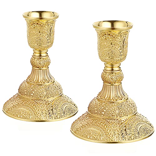 OwnMy 2PCS Brass Taper Candle Holders Candle Stick Holders Set Vintage Metal Pillar Candlestick Holders, 4”H Elegant Candle Stand Candelabra for Dining Table Centerpieces Wedding Home Decoration, Gold - color: Golden