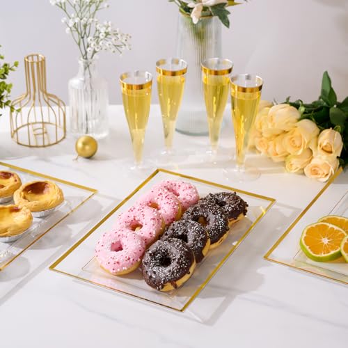 FOCUSLINE 8 PCS Plastic Serving Trays for Party, Clear and Gold Rim Serving Platters and Trays, Premium Plastic Fruit Tray, Disposable Platters for Cupcake, Dessert, Appetizers - color: Clear