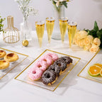 FOCUSLINE 8 PCS Plastic Serving Trays for Party, Clear and Gold Rim Serving Platters and Trays, Premium Plastic Fruit Tray, Disposable Platters for Cupcake, Dessert, Appetizers - color: Clear