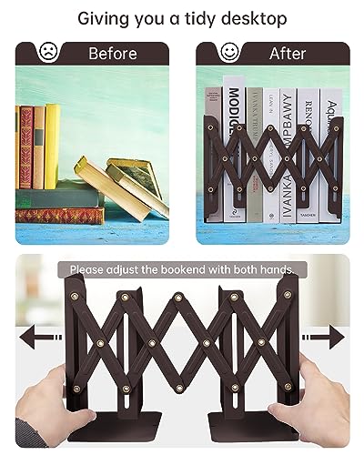 Honagu Adjustable Bookends, Metal Book Ends for Shelves Heavy Book, Desk Magazine File Organizer for Home, Office, Books, Papers, Extends up to 19 inches, for Students,Teachers (Brown) - color: Brown
