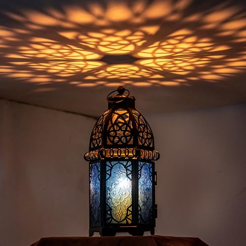 NEEDOMO Hanging Moroccan Lantern, 12.8'' Vintage Candle Holder, Metal Lanterns Decorative Indoor Outdoor, Table, Patio, Porch, Shelf, Gothic Home Decor (Blue, Large Size) - color: Blue, size: Large