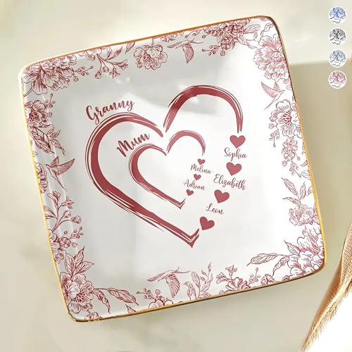 Personalized Chinoiserie Floral Jewelry Dish Ceramic Ring Holder Square Trinket Tray Custom Grandparent Mother Birthday Present We Love You Heart Shaped Toile Mother’s Day Keepsake With Names - color: Design 03