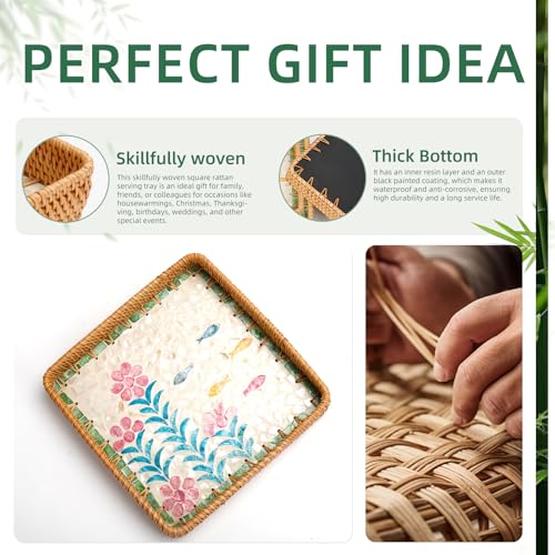 1 pcs Rectangle Rattan Serving Tray with Mother of Pearl Inlay, Decorative Wicker Tray for Coffee, Bread, Fruits, Elegant Table Decor for Living Room & Dining Room - color: Pink-green & Pink Floral