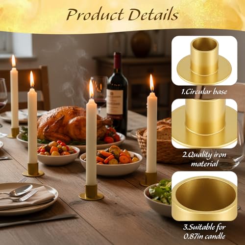 24 Pack Gold Taper Candle Holder Bulk for Pillar Candles, Metal Short Skinny Retro Flat Gold Tapered Candlestick Holders for Weeding Christmas Thanksgiving Dinner Party Table Centerpieces Decor