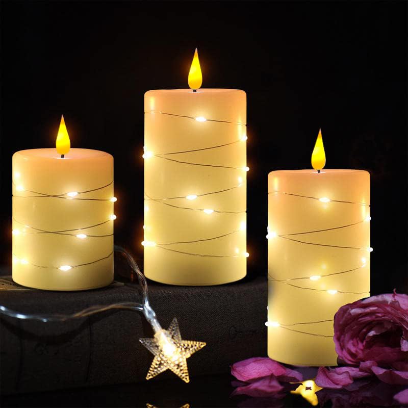 Rechargeable Flameless Candle, Flickering LED Pillar Real Wax Candle with Fairy Lights, Remote Control and Timer, Upgraded Teardrop Wick, Built-in Battery Electronic Candle, Set of 3 - color: Copper-Wire Drop