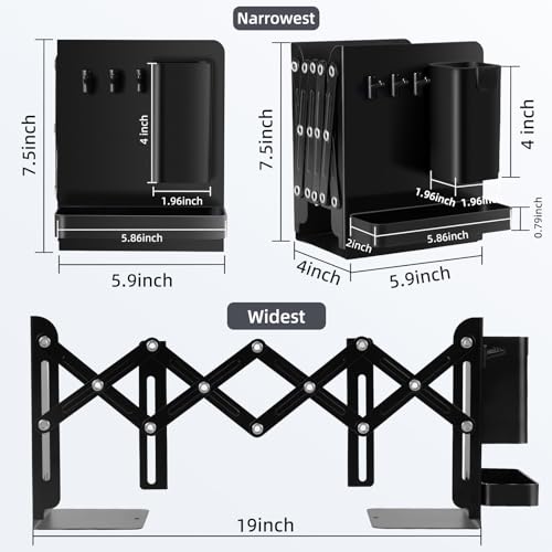 Adjustable Bookends, 19" Metal Book Ends for Heavy Books, 2 Dividers Bookends with Removable Pen Holder, Tray, and 3 Hook-up, Book Organizer for Office, School, Bookstore, Home - color: Black
