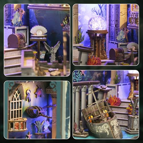 Book Nook Kit with Dust Cover & Stickers, Dust Cover, Bookshelf Insert Decor for Birthday, 3D Wooden Bookends Puzzle, Miniature Dollhouse Kit for Adults, Teens, Beginners（Mysterious Underwater） - style: Mysterious Underwater