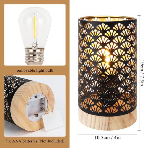 JHY DESIGN Set of 2 Metal Battery Powered Lamps 7.5''H Accent Cordless Lamps with 6-Hours Timer for Weddings Party Patio Garden Indoors Outdoors Table Balcony（Wooden Base） - color: Black
