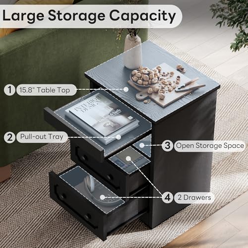 LIKIMIO Night Stand, Modern Bedside Table with 2 Drawers, Open Shelf, End Table with Pull-Out Tray, Wood SideTable, Black - color: Black