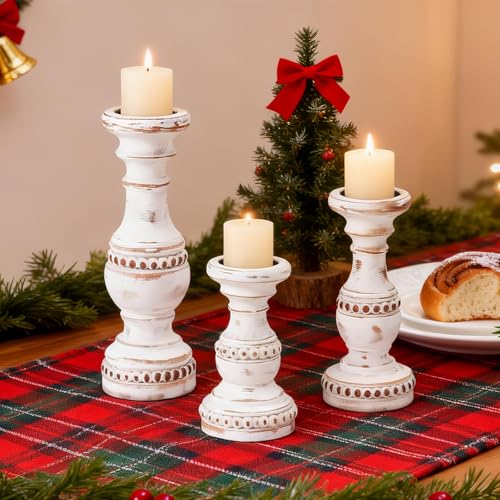 Candle Holder for Pillar Candle Set of 3, Farmhouse Solid Wood Candle Holder, Rustic Wooden Candle Stand, Vintage Small Wooden Candlestick Holders Decorative for Living Room, Table Centerpiece - color: Antique White