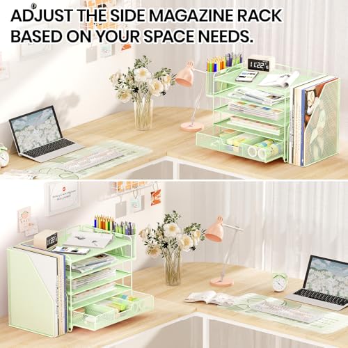 OPNICE Desk Organizer, 5-Tier Paper File Organizer with Drawer & Pen Holder, Office Desk Accessories, Workspace Desktop Organizer for Office Supplies(Green) - color: Green, size: 5-Tier