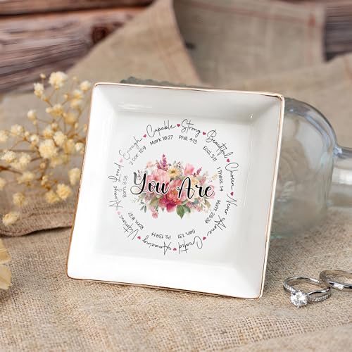 Christian Bible Verse Jewelry Dish Gift for Women, Faith 4" Ceramic Jewelry Tray, Christian Inspiration Gifts - Mother's Day, Birthday, Religious Gift - Communion, Confirmation Gifts for Teen Girls - color: You Are Round