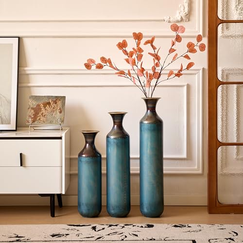 Floor Vases, Tall Home Decor Metal Vase Set of 3 Large Glazed Decorative Vases for Wedding Decor, Elegant Modern Flower Holder for Living Room, Entryway, Hallway, Dining Room - color: Gradient Blue