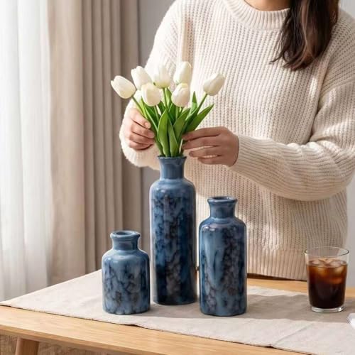 Vintage Ceramic Flower Vase Set of 3, Rustic Farmhouse Vase for Home Decor, Distressed Decorative Vase for Table Entryway Mantel Centerpiece Living Room Bathroom Bedroom (Cobalt Blue) - color: 106-cobalt Blue