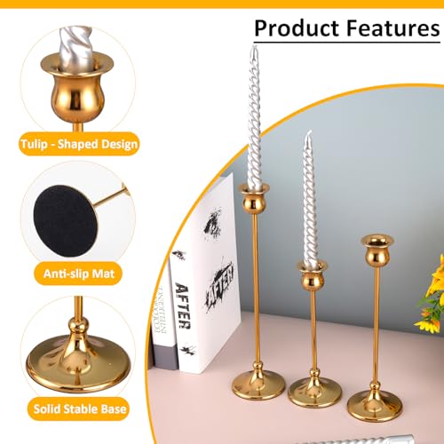 Taper Candle Holder Tall Vintage Metal Candlestick Holders Candle Stick Candelabra for Halloween Thanksgiving Christmas Holiday Wedding (Gold, 1 Set (3 pcs)) - color: Gold, size: 1 set (3 pcs)