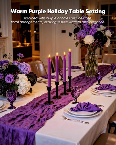 Homemory 6 Pcs Real Wax Purple Flameless Taper Candles with Remote Timer, 9.6 Inches LED Fake Candlesticks, LED Candle with 3D Flickering Flame for Romantic Wedding, Dinner, Xmas Anniversary Decor - style: Mysterious - Purple 9.6"