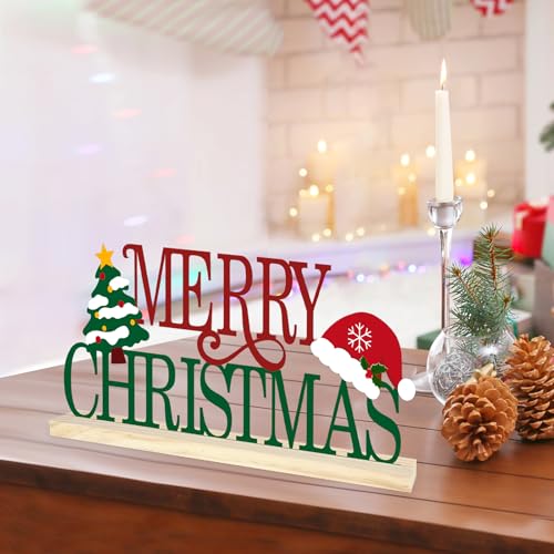 COCHIE Metal Merry Christmas Sign, Christmas Tree Table Centerpieces Decorations for Home, Office, Shelf, Mantel, Indoor, Xmas Red and Green Party Decor Supplies (XMAS A) - style: XMAS A