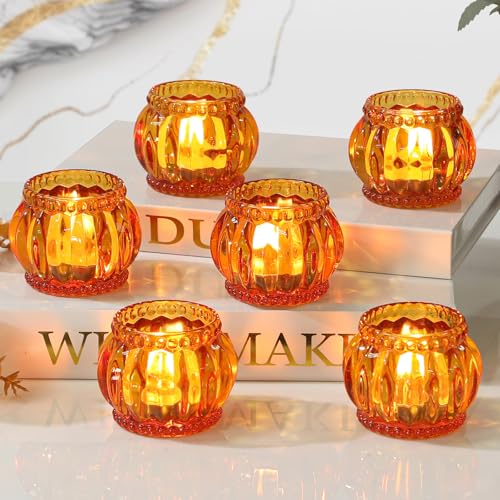 SHOHAYTO Set of 6 Amber Tea Light Candle Holders, Votive Candle Holders for Wedding Table Centerpieces, Tealight Holders for Christmas Party & Home Decor